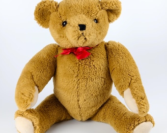 Vintage Fully Jointed 1987 Smithsonian Institution Brown Plush Teddy Bear 14", Soft Short Fur, Red Ribbon, Mint Condition