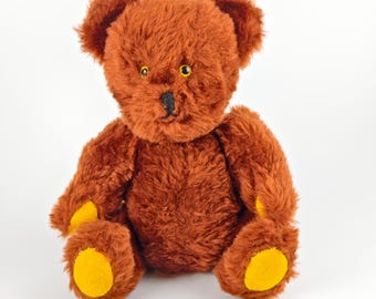 OOAK Rare Find Vintage 1950s? Handmade Homemade Hard Stuffed Fully Jointed Brown Ginger Teddy Bear Yellow Felt Paw Pads 11" Mint Condition