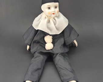 Vintage 1980s Porcelain Pierrot Sad Clown: 16" Black & White Costume Doll