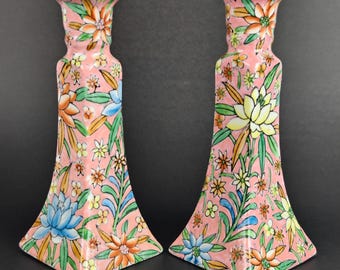 Vintage Ceramic Candle Holders: 8" Set of 2 Floral Design Candelabras