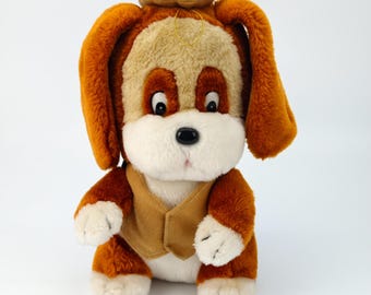Vintage plyschhund i väst och hatt: 25 cm gosedjur