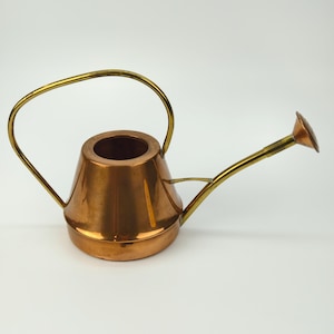 May include: A copper watering can with a brass handle and spout. The can has a rounded body and a long, slender spout. The handle arches over the top of the can. The watering can is designed for indoor or outdoor use.