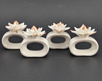 White Ceramic Napkin Rings with Flowers: Set of 4 Table Accessories