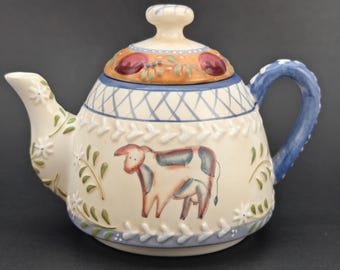 Vintage Ganz Bella Casa Embossed Ceramic Lidded Teapot: 6" Country Style