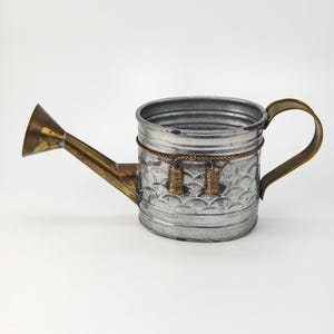 Könnte beinhalten: Kleine, dekorative Gießkanne aus Metall mit silbernem Körper und Messingakzenten. Ausguss und Griff sind aus Messing, der Körper hat ein strukturiertes Muster. Zwei kleine Messingglocken hängen an einem Seil.