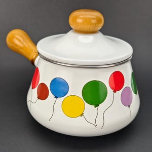 Vintage MCM Levcoware Japan Emaille Deckel farbige Ballons Fondue Topf