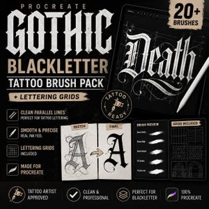 Op de afbeelding: Procreate digitaal kunstpakket met een Gothic Blackletter tattoo brush set. Inclusief letterroosters, schone parallelle lijnen en een soepel, precies echt inktgevoel. Goedgekeurd door tatoeëerders en perfect voor professioneel gebruik.