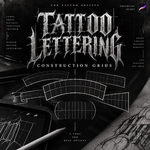 Könnte beinhalten: Eine digitale Design-Ressource mit dem Titel Tattoo Lettering Construction Grids mit weißer gotischer Typografie auf dunklem Hintergrund. Das Bild zeigt verschiedene geometrische Rastervorlagen für Schriftzüge, einen Eingabestift und das Procreate-Branding.