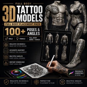 Può includere: Una pubblicità di prodotto digitale per modelli di tatuaggi 3D con il testo 3D TATTOO MODELS, 100+ POSES & ANGLES e PROCREATE COMPATIBLE. L'immagine mostra due tablet che visualizzano figure anatomiche con tatuaggi dettagliati e uno stilo.