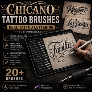 Puede incluir: Un anuncio de pinceles de tatuaje chicano para Procreate. La imagen muestra una tableta que muestra letras, con las palabras "Familia" y ejemplos de trazos de pincel. El texto incluye "Real Tattoo Lettering" y "20+ Brushes".