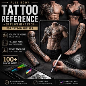 Op de afbeelding: Een digitaal tattoo-referentiepakket voor tattoo-artiesten. De afbeelding toont realistische 3D-modellen van mannelijke en vrouwelijke lichamen met volledige lichaamsweergaven en meerdere hoeken. Het pakket bevat meer dan 100 poses en hoeken, compatibel met Procreate.