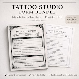 Puede incluir: Un paquete de formularios de estudio de tatuajes con plantillas de Canva editables y documentos PDF imprimibles. Los formularios incluyen un formulario de consentimiento e instrucciones de cuidado posterior. Los documentos tienen bordes decorativos y el texto "Tattoo Studio Form Bundle".
