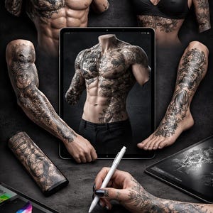 Nuevos modelos 3D de tatuajes para Procreate | ¡Paquete de modelos 3D de tatuajes en HD! | Paquete de cuerpo completo en Full HD