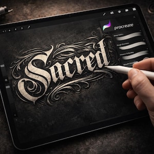 以下が含まれることがあります： Procreateアプリで作成された、装飾的なゴシック体の文字で「Sacred」という単語が表示されたデジタルタブレット。白いスタイラスが手で持たれており、デザインプロセスを示しています。背景は暗く、テクスチャ加工されています。