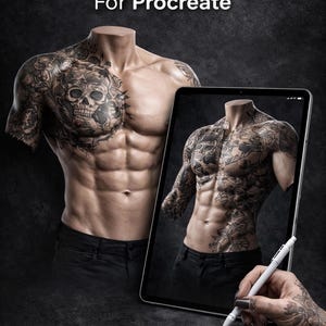 Modelos 3D de tatuajes profesionales en 4K para Procreate: partes del cuerpo masculino y femenino. Perfectos para la colocación de tatuajes, previsualizaciones para clientes y diseño profesional.