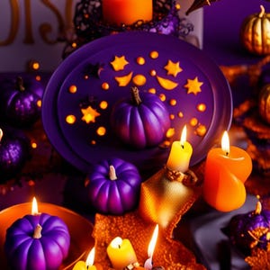 Peut inclure: Une composition festive d'Halloween avec des citrouilles violettes, des bougies allumées et une assiette décorative avec des découpes d'étoiles et de lune. Le fond est violet avec le texte doré "SIS TON DISC".