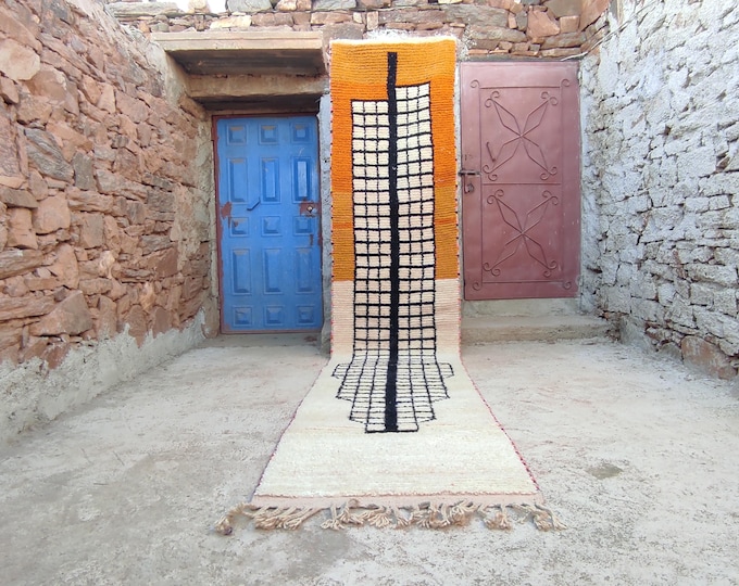 Featured listing image: Handmade Moroccan Wool Rug Runner: Orange & White Checkered Berber Design
