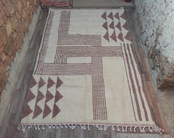 Featured listing image: Handmade White Moroccan Rug: Abstract Wool Boujaad Rug (8x10 ft)