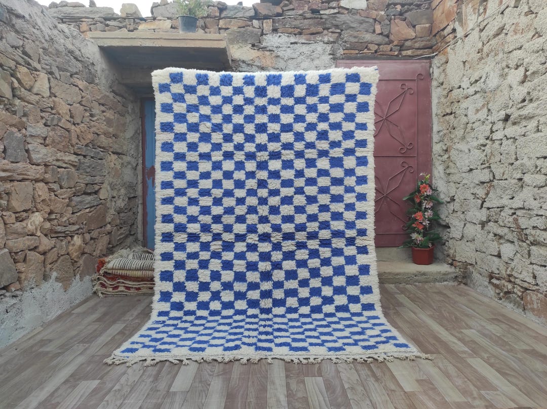 Blue Checked Rug Handmade Blue Checkered Wool Rug: Moroccan Beni Ourain Runner - Etsy