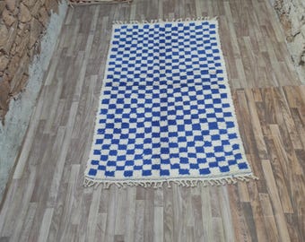 Handmade Blue and White Checkered Moroccan Wool Rug