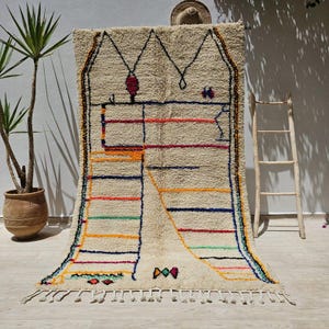 Puede incluir: Una alfombra rectangular beige con un diseño geométrico. La alfombra presenta rayas horizontales de colores en rojo, naranja, verde y azul. Líneas negras delinean el diseño, y la alfombra tiene flecos a lo largo del borde inferior.
