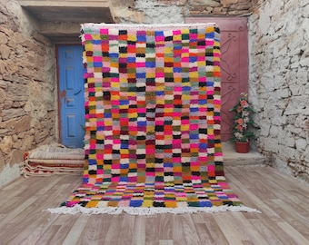 Handmade Beni Ourain Wool Rug: Colorful Checkered Moroccan Rug