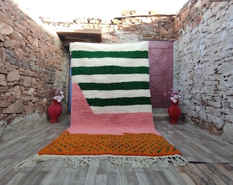 Alfombra BENI OURAIN hecha a mano, rosa y verde, alfombra bereber de lana marroquí, alfombra de área de tamaño personalizado