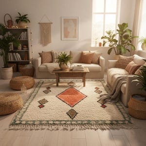 May include: A living room with a cream rug featuring a geometric pattern in orange, green, and brown. The room includes a beige sofa, wooden coffee table, and plants, creating a warm and inviting atmosphere. The rug has a fringed edge.