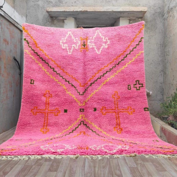 Handmade Beni Ourain Pink Wool Rug: Moroccan Berber Woven Tribal Design