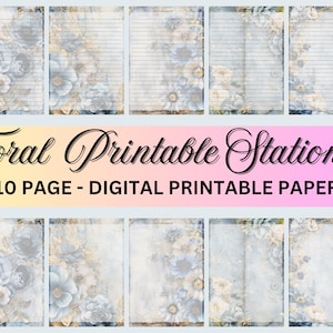 Floral Printable Paper Set Blue Flowers Writing Bundle Letter Writing Paper Printable Stationery Digital Note Unlined Line 10 Page Papers