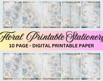 Floral Printable Paper Set Blue Flowers Writing Bundle Letter Writing Paper Printable Stationery Digital Note Unlined Line 10 Page Papers