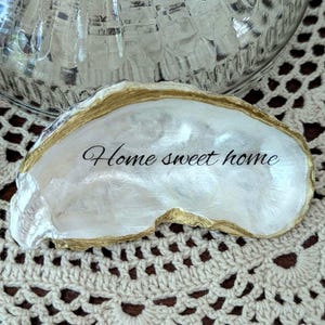 Home sweet home oyster shell ring dish | jewelry holder -- decoupaged and handpainted