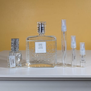May include: A set of five clear glass perfume bottles with silver caps. The bottles are labeled with the text "Serge Lutens" and "L'Eau d'Ambre". The bottles are arranged in a row on a white surface. The bottles contain different sizes of perfume, including 3 ml, 5 ml, 10 ml, and 12 ml.