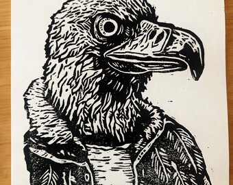 Impression linogravure motard corbeau