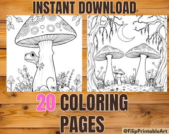 20 Enchanted Mushroom Coloring Pages for Adults & Kids, Fairy Tale Forest Art, Detailed Line Art Pages, Coloring book, Stress Relief, school