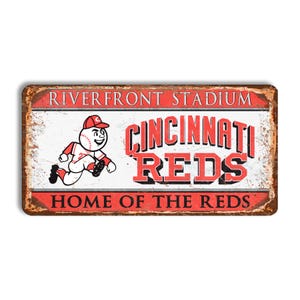 Placa de metal do Cincinnati Reds, placa do estádio Riverfront, beisebol, decoração de parede do Cincinnati Reds, Cincinnati Reds, MLB vintage