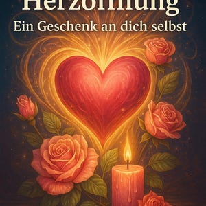 Puede incluir: Ilustración artística con un corazón rojo brillante en el centro, rodeado de luz dorada y varias rosas color melocotón. Una vela encendida se encuentra debajo del corazón, con el texto "Ritual zur Herzöffnung" y "Ein Geschenk an dich selbst".