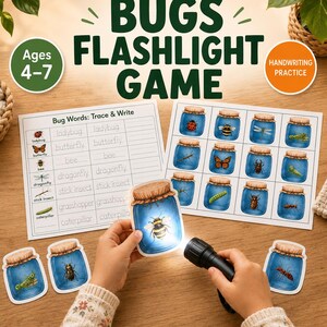 Bugs Flashlight Game Printable, Insect Matching and Handwriting Activity, Montessori inspired, Printable PDF, Ages 4-7, Screen Free Activity