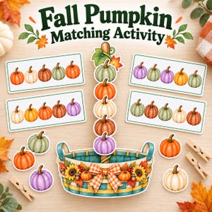 Könnte beinhalten: Ein Fall Pumpkin Matching Activity Set mit vier rechteckigen Karten, die Reihen bunter Kürbisillustrationen zeigen, einer zentralen Korb-Grafik mit einem vertikalen Stapel aus fünf Kürbissen sowie einzelnen Kürbis-Ausschnitten und Holzklammern.