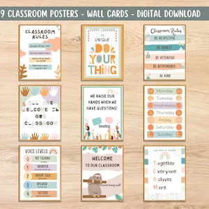 Posters éducatifs, décoration de salle de classe Montessori, salle de jeux pour tout-petits, impression d'art mural salle de jeux bohème, affiches de classe, salle de classe bohème moderne
