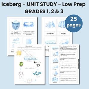 May include: Educational printable pages titled "Iceberg - UNIT STUDY - Low Prep" for grades 1, 2, & 3. The pages feature illustrations of icebergs, an arctic food chain, and the text "25 pages". The background is light blue.