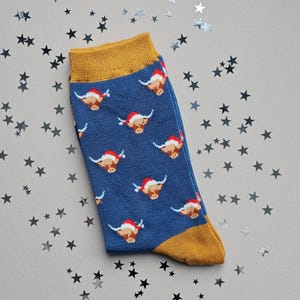 Men&#39;s Bamboo Christmas Highland Cows Socks in Teal