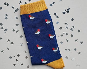 Men's Bamboo Little Robins Socks in Navy Blue