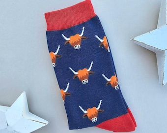 Men's Bamboo Highland Cows Socks in Navy Blue