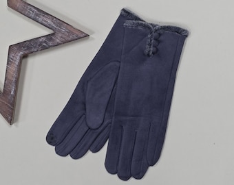 Faux Suede Touch Screen Button Gloves in Dark Grey