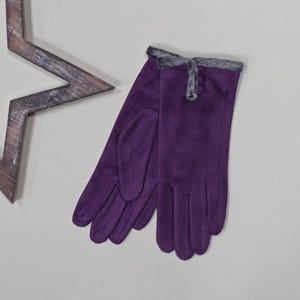 Könnte beinhalten: Ein Paar lila Handschuhe mit einer weichen, Wildleder-ähnlichen Textur. Die Handschuhe haben einen grauen Pelzbesatz um das Handgelenk und ein Knopfdetail. Diese Handschuhe sind für kaltes Wetter konzipiert und ein modisches Accessoire.