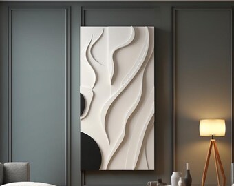 May include: A modern living room featuring a large abstract wall art piece with a layered design in white, black, and cream. The room has gray walls, a gray sofa, a wooden floor, and a wooden tripod floor lamp.