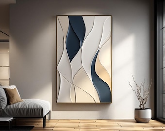 May include: Abstract wall art featuring a modern design with flowing lines in shades of white, beige, and blue.