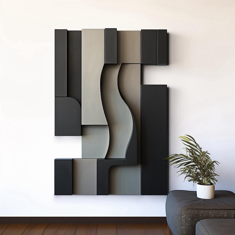 Black & Grey Wall Art Wall Hanging Wood Wall Sculpture Minimalist