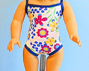 Print Swim Suit with Navy Trim for 18 Inch Dolls such as American Girl